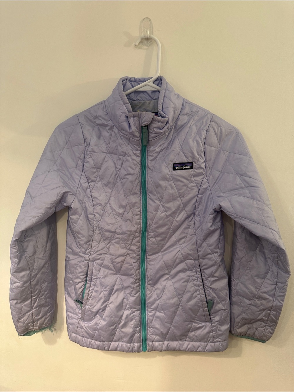 Patagonia Girls Lavender Quilted Puffer with Teal Zipper
